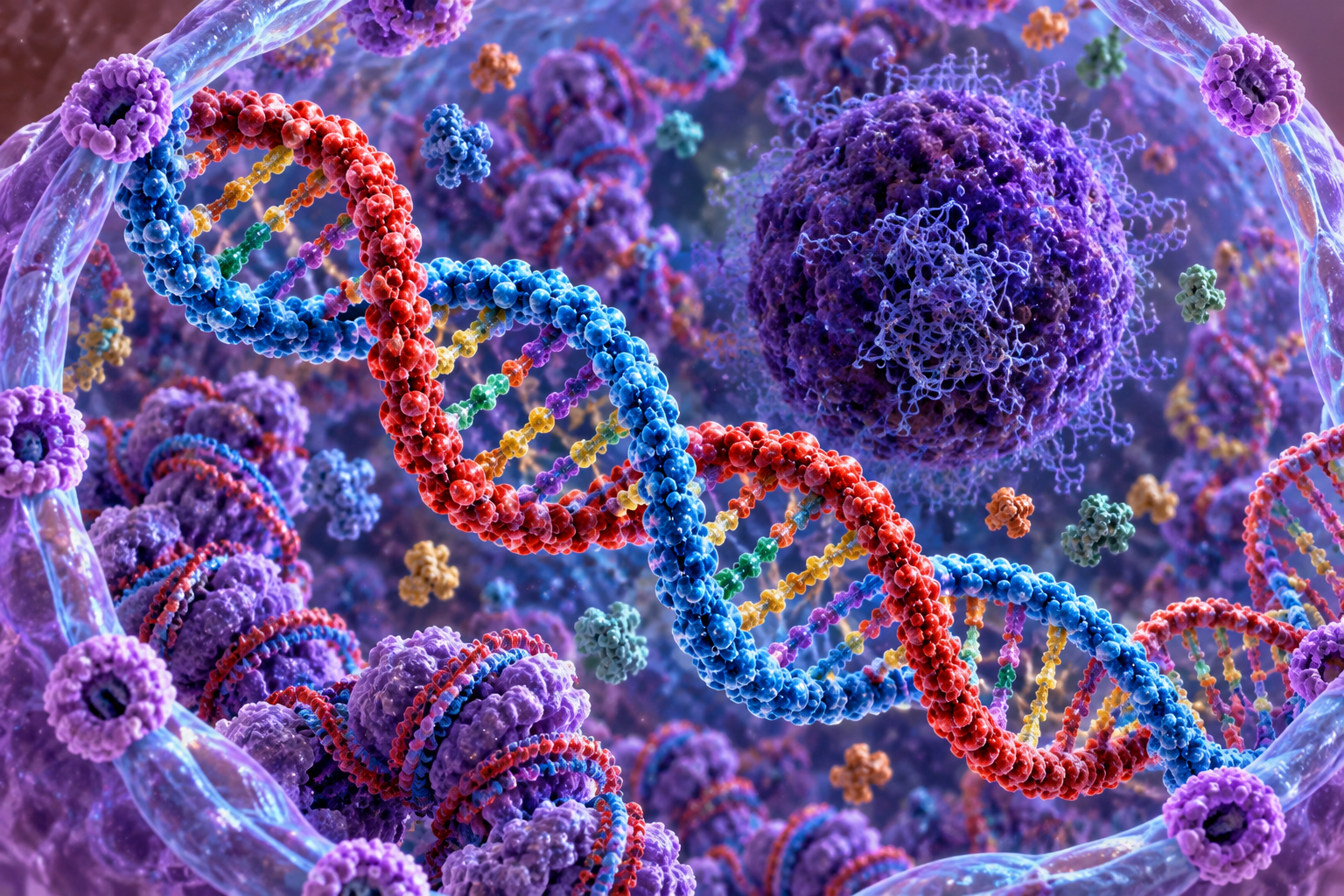 Colorful DNA helix and cellular nucleus