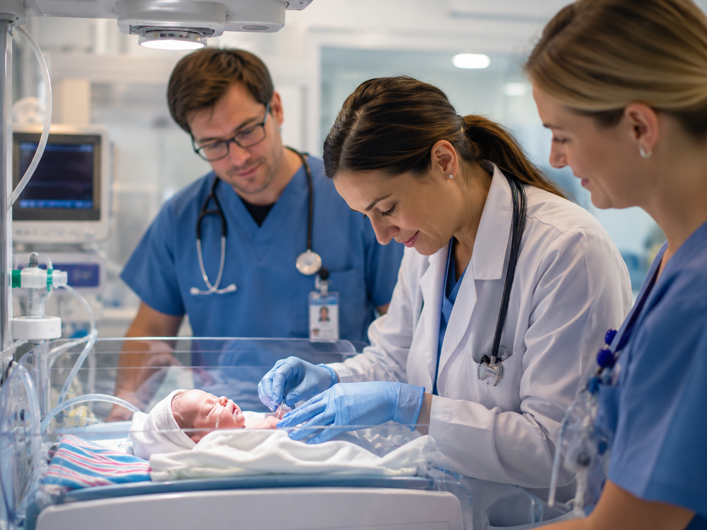Newborn baby with doctors in neonatal care
